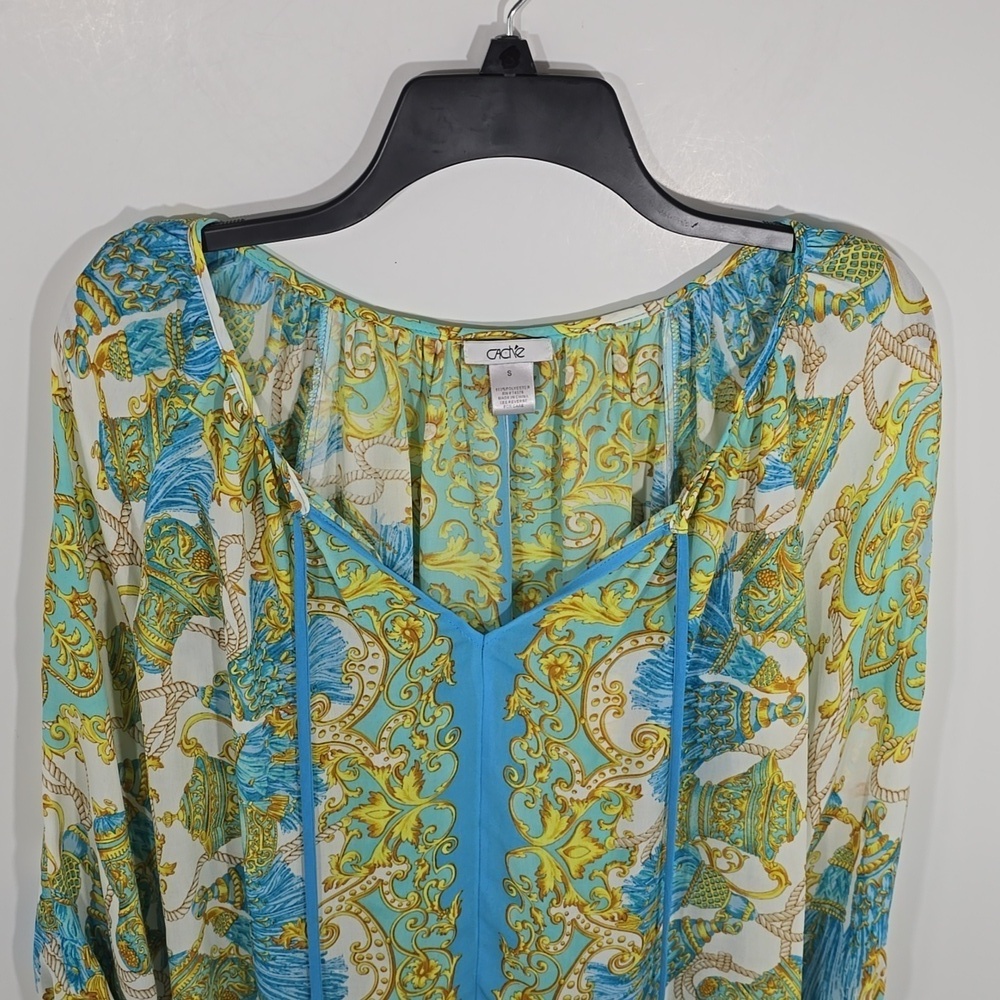 {Caché} Women’s Blouse Multicolor Tassel Print Tie Cold Shoulder Blouse - Size S - Picture 4 of 12